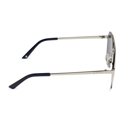 beach riot x diff eyewear the reserve aviator sunglasses with a silver metal frame and silver mirror lenses side view