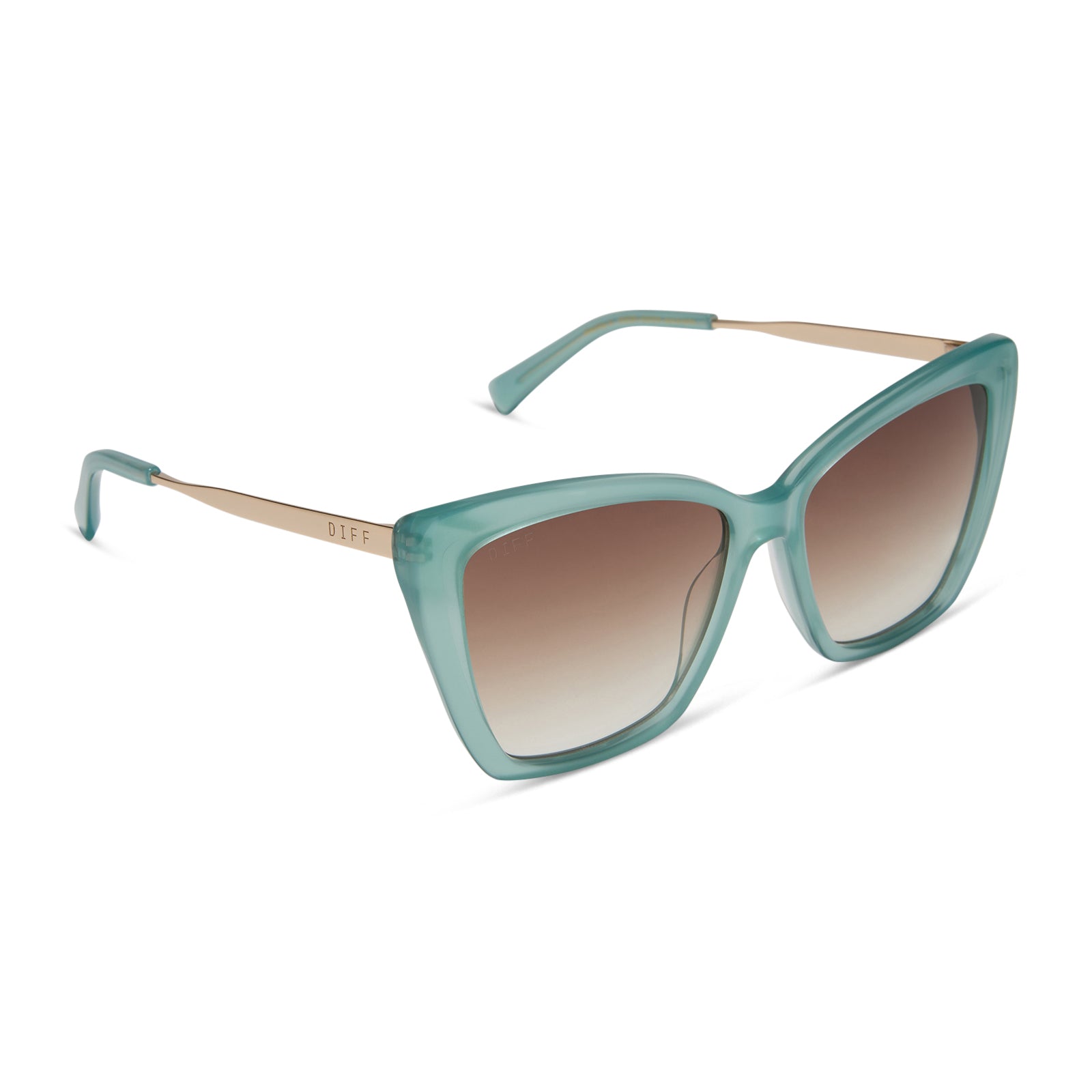 diff eyewear wholesale becky ii cat eye sunglasses with a aquatic awe teal frame and brown gradient lenses angled view