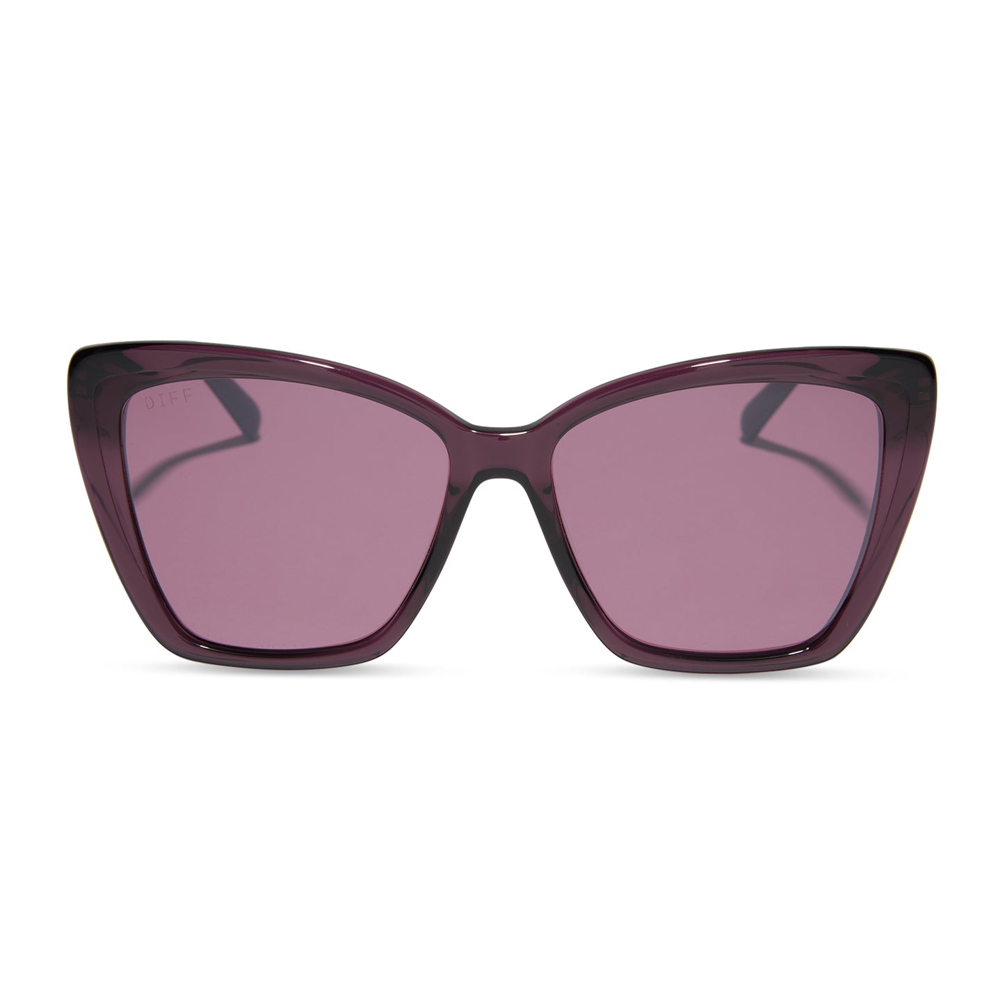 diff eyewear featuring the becky ii cat eye sunglasses with a black + aubergine temple tips frame and aubergine with silver flash polarized lenses front view