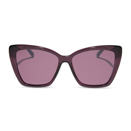 diff eyewear featuring the becky ii cat eye sunglasses with a black + aubergine temple tips frame and aubergine with silver flash polarized lenses front view