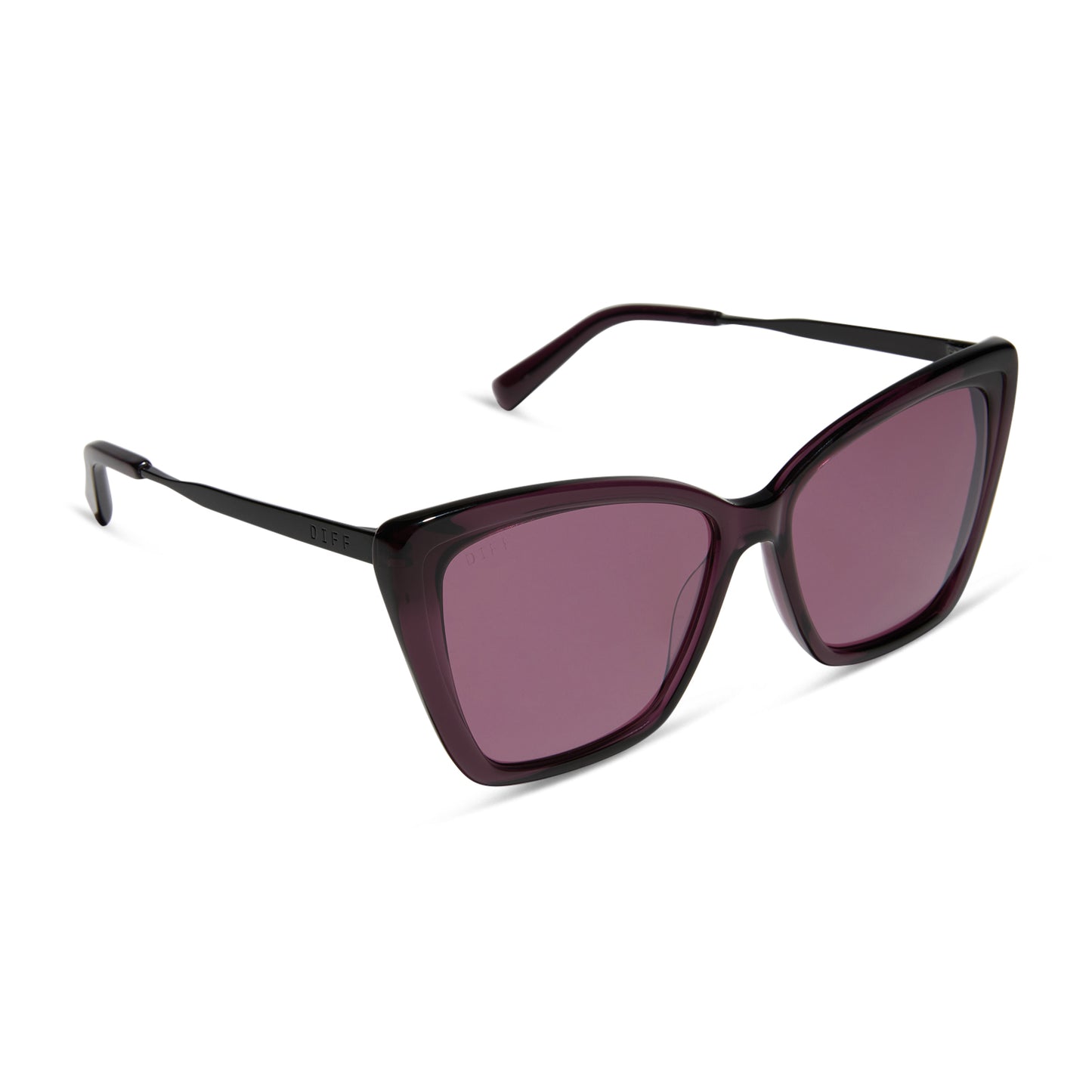 diff eyewear featuring the becky ii cat eye sunglasses with a black + aubergine temple tips frame and aubergine with silver flash polarized lenses angled view