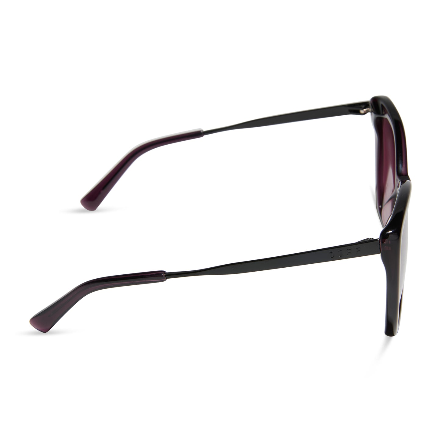 diff eyewear featuring the becky ii cat eye sunglasses with a black + aubergine temple tips frame and aubergine with silver flash polarized lenses side view