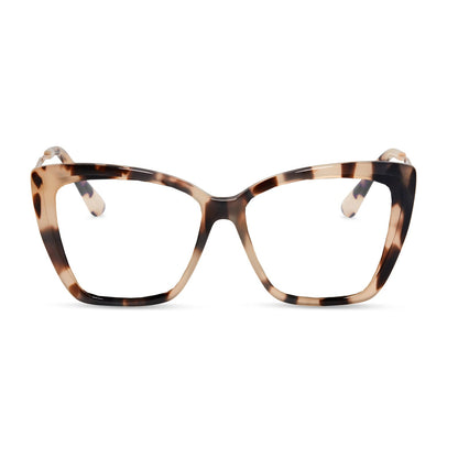 diff eyewear featuring the becky ii cat eye blue light technology glasses with a cream tortoise frame front view