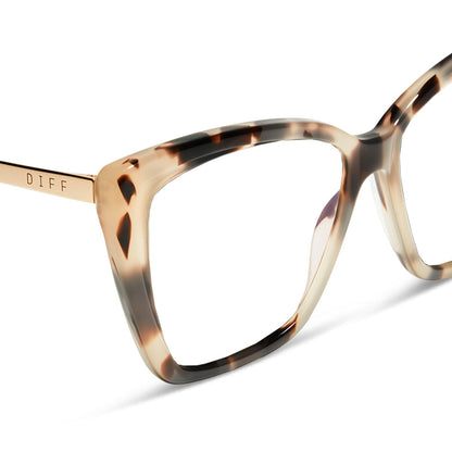 diff eyewear featuring the becky ii cat eye blue light technology glasses with a cream tortoise frame detailed view