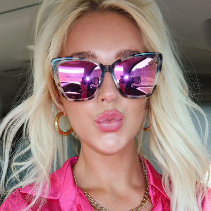 customer content - shelby jones wearing becky ii cream tort pink mirror cat eye sunglasses