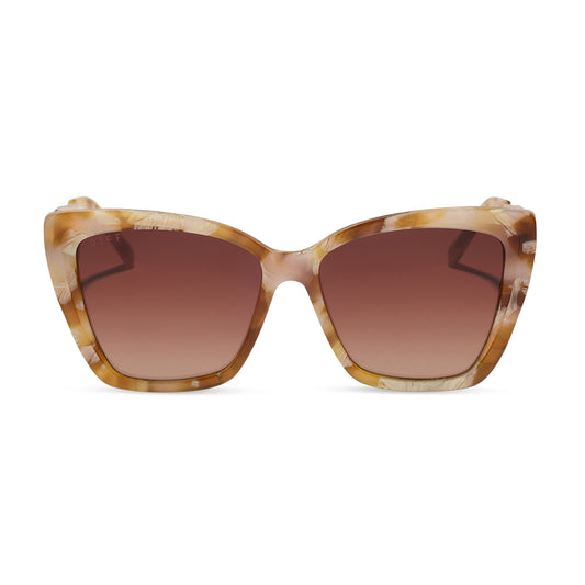 diff eyewear becky ii cat eye sunglasses with a gilded tortoise and gold metal frame with brown gradient lenses front view