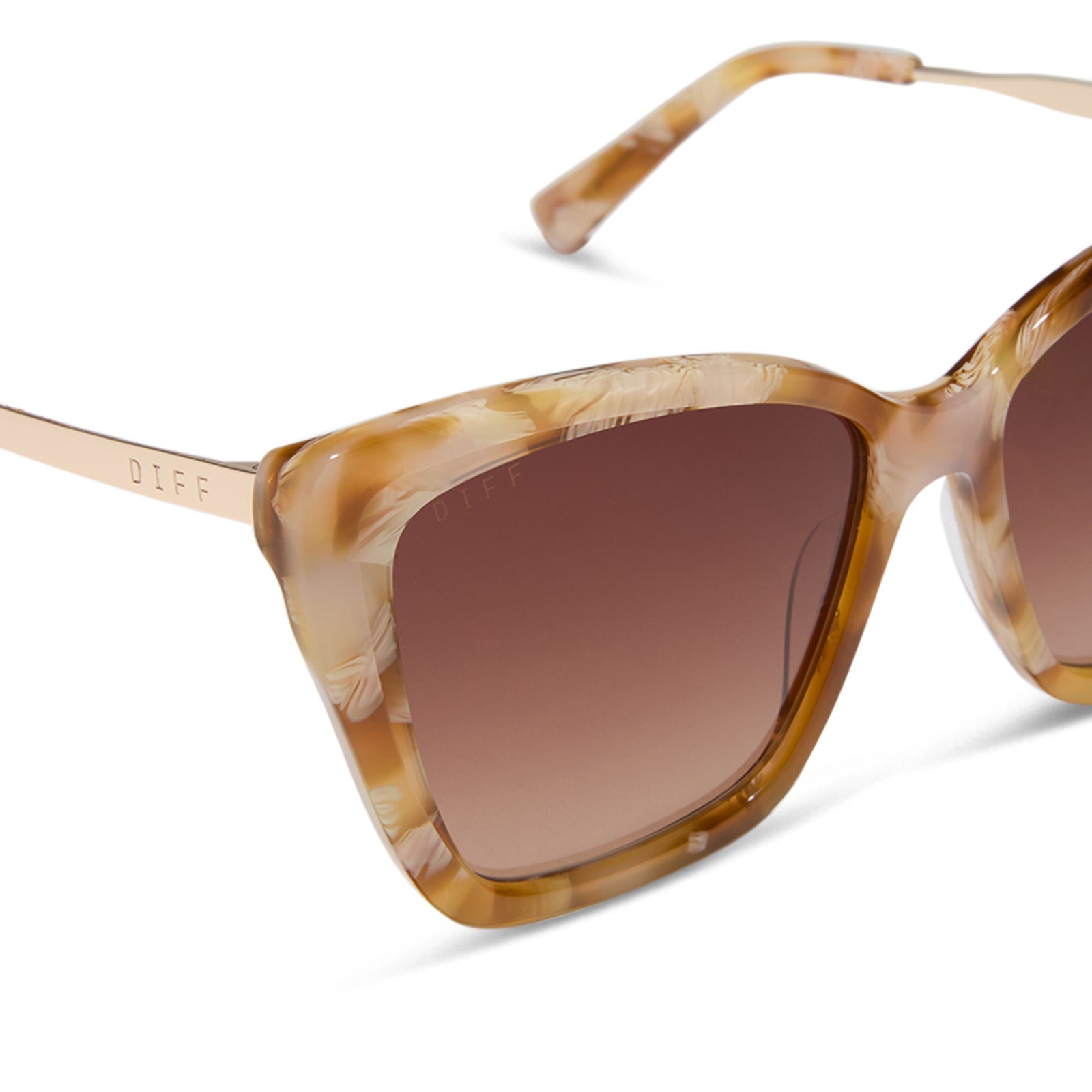 diff eyewear becky ii cat eye sunglasses with a gilded tortoise and gold metal frame with brown gradient lenses detailed view