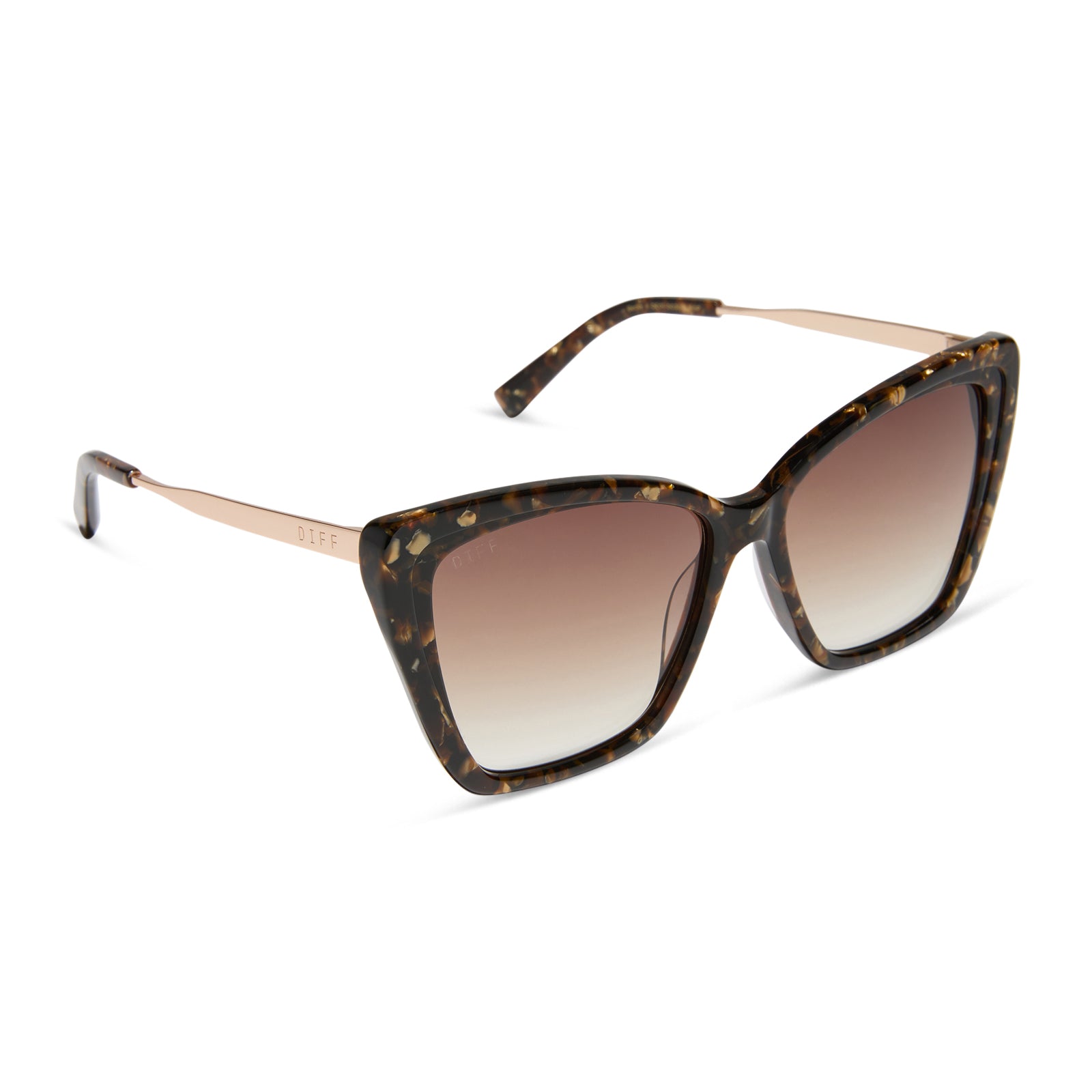 diff eyewear featuring the becky ii cateye sunglasses with a glitter tortoise frame and brown gradient lenses angled view