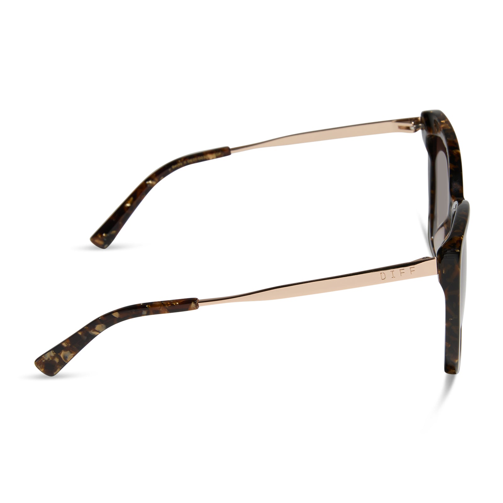 diff eyewear featuring the becky ii cateye sunglasses with a glitter tortoise frame and brown gradient lenses side view