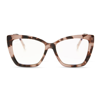 diff eyewear featuring the becky ii cat eye blue light technology glasses with a himalayan tortoise frame front view