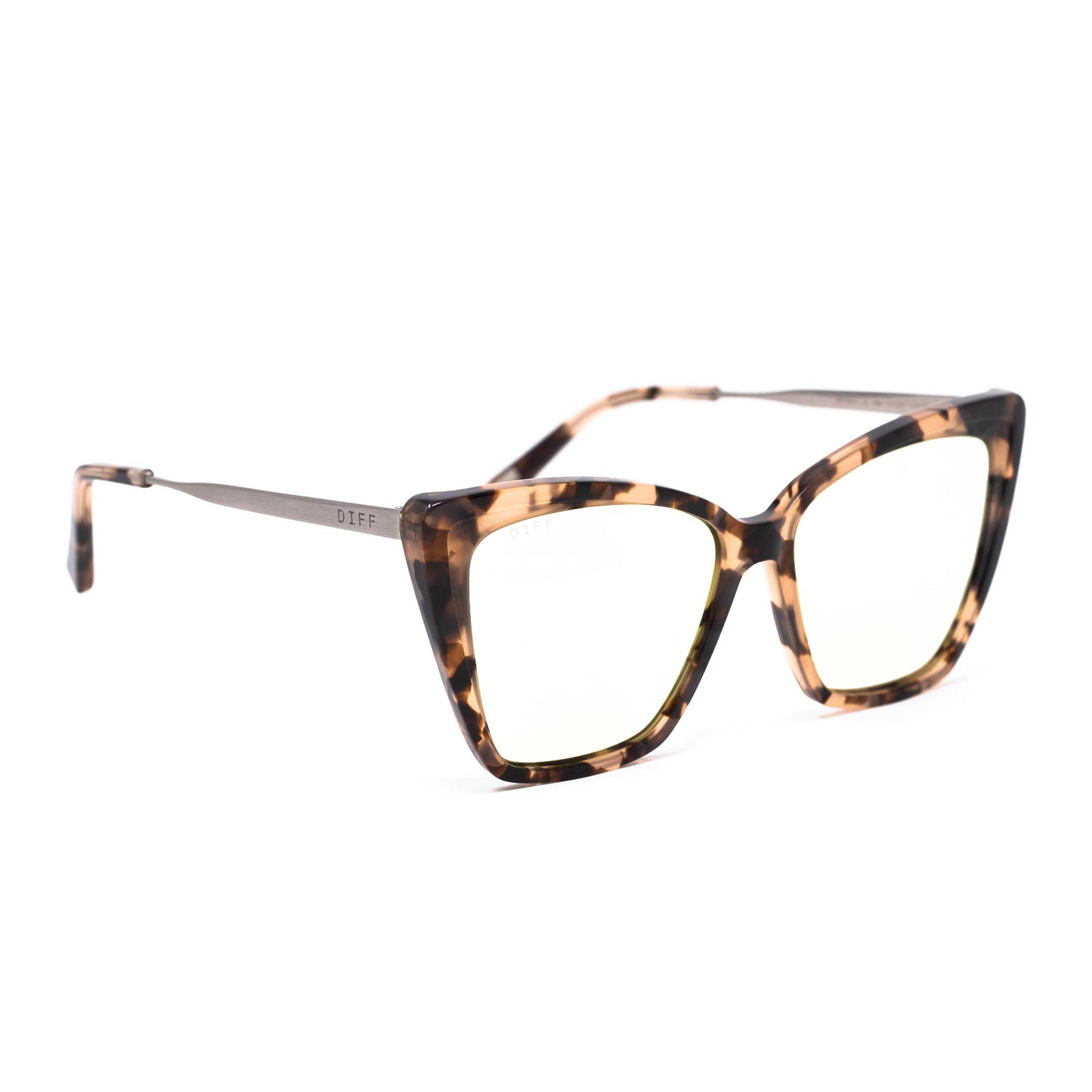 diff eyewear featuring the becky ii cat eye blue light technology glasses with a himalayan tortoise frame angled view