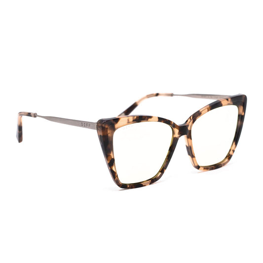 diff eyewear featuring the becky ii cat eye blue light technology glasses with a himalayan tortoise frame angled view