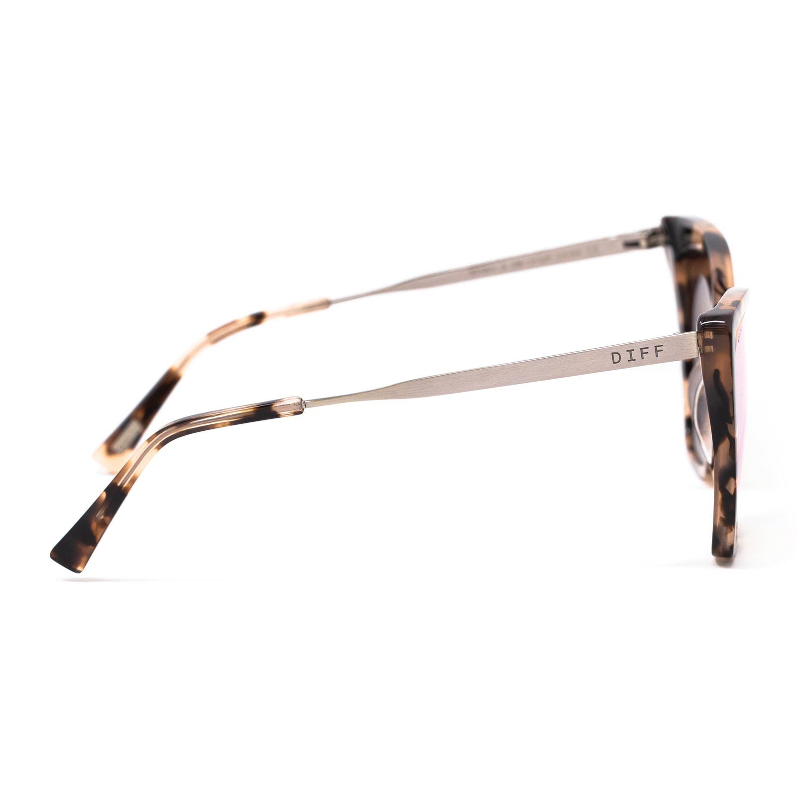 diff eyewear featuring the becky ii cat eye blue light technology glasses with a himalayan tortoise frame side view