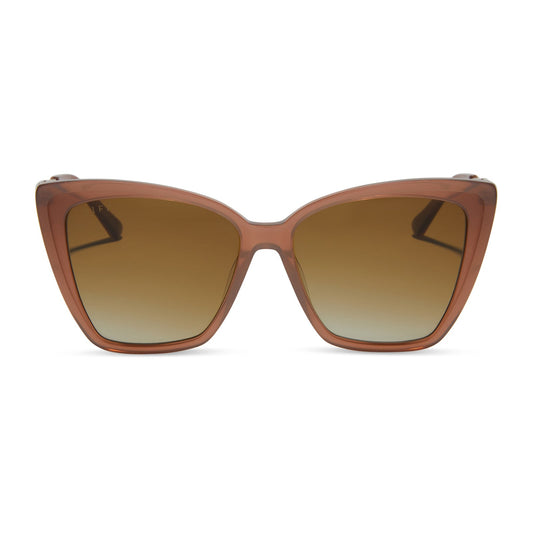 diff eyewear becky ii oversized cat eye sunglasses with a macchiato brown frame and brown gradient polarized lenses front view