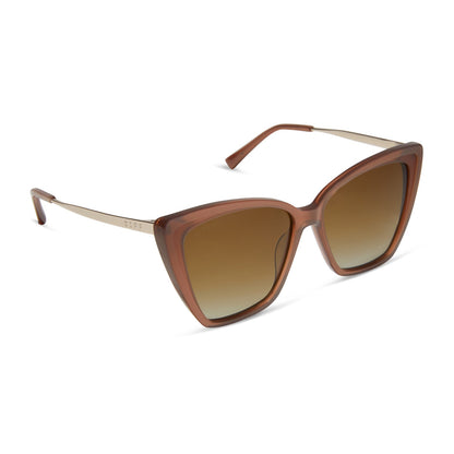 diff eyewear becky ii oversized cat eye sunglasses with a macchiato brown frame and brown gradient polarized lenses angled view