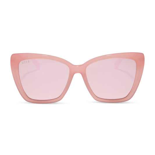 diff eyewear featuring the becky ii cat eye sunglasses with a peach frame and cherry blossom mirror lenses front view