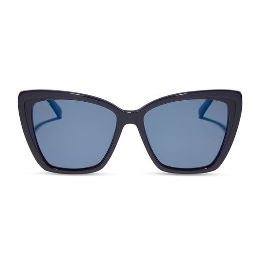 diff eyewear wholesale becky ii cat eye sunglasses with a dark purple frame and blue lenses front view