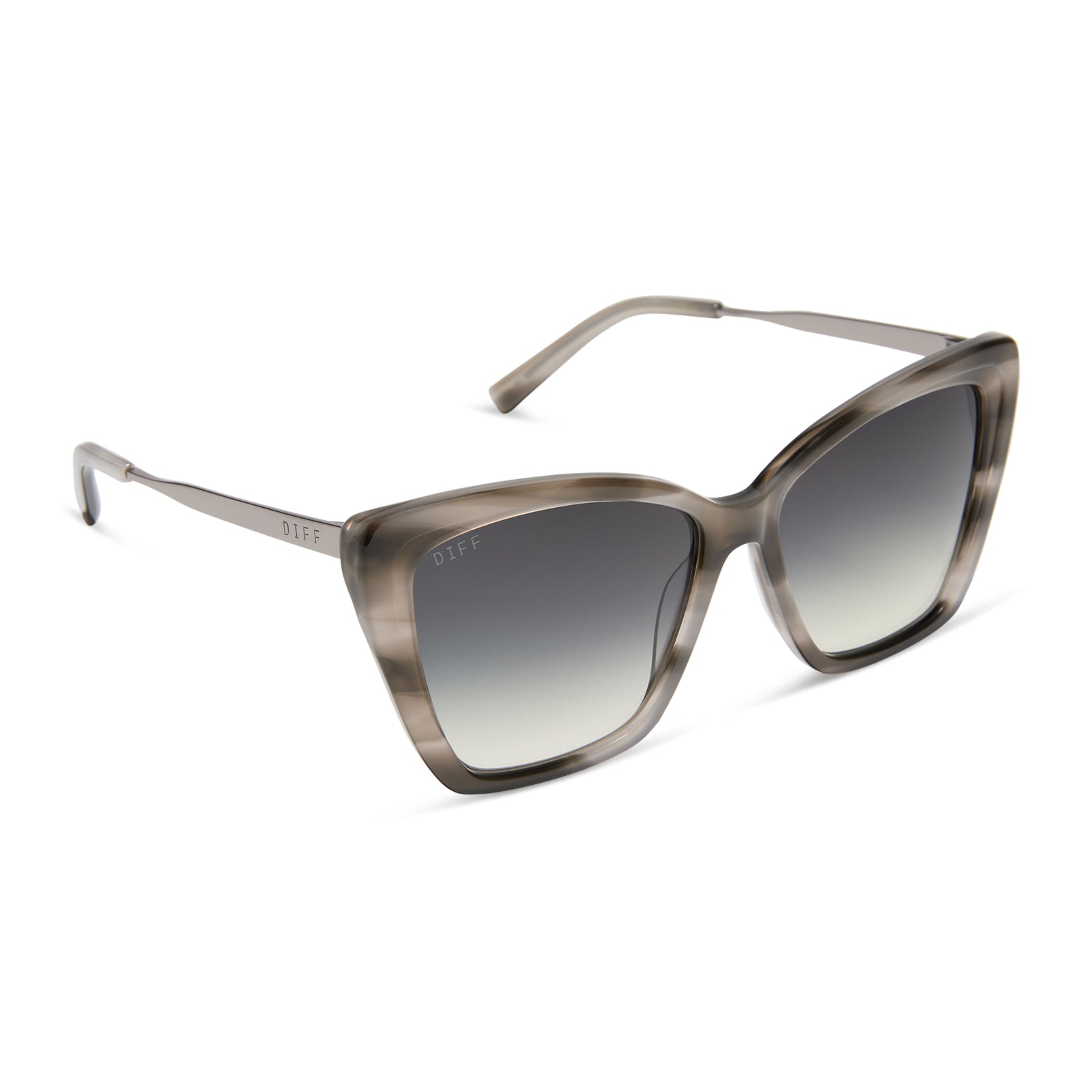 diff eyewear featuring the becky ii cateye sunglasses with a smoke marble frame and grey gradient lenses angled view