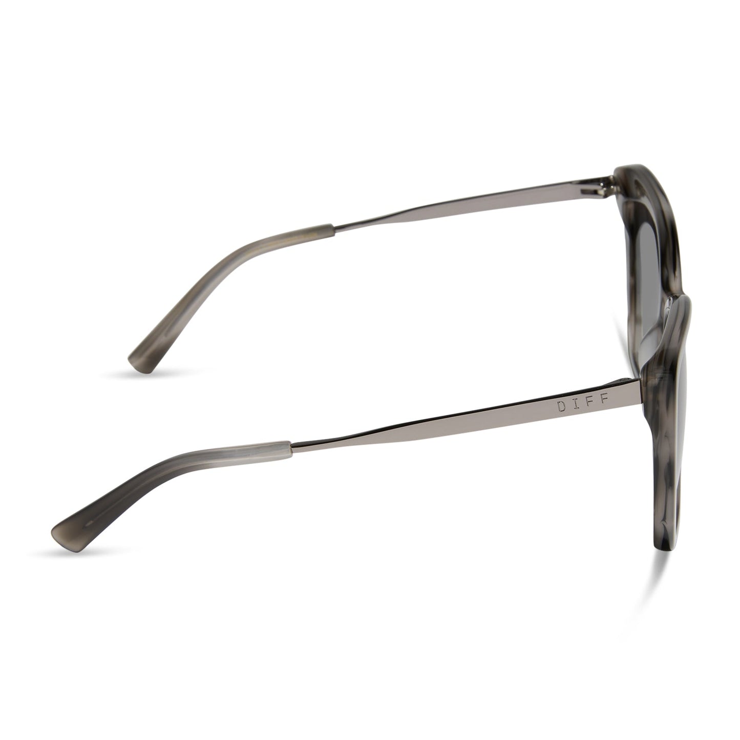 diff eyewear featuring the becky ii cateye sunglasses with a smoke marble frame and grey gradient lenses side view
