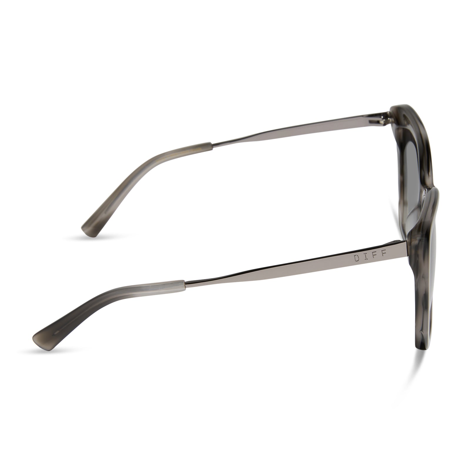 diff eyewear featuring the becky ii cateye sunglasses with a smoke marble frame and grey gradient lenses side view