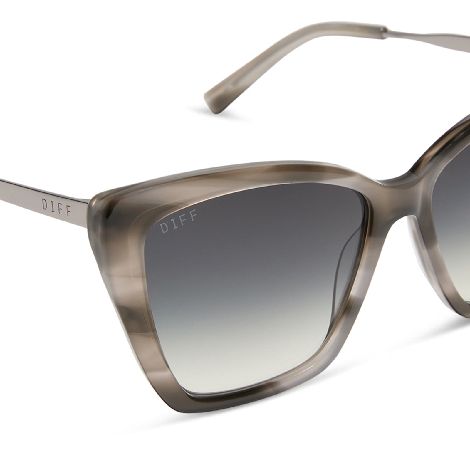 diff eyewear featuring the becky ii cateye sunglasses with a smoke marble frame and grey gradient lenses detailed view