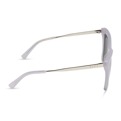 diff eyewear wholesale becky ii cat eye sunglasses with a thistle light purple frame and grey with silver flash lenses side view