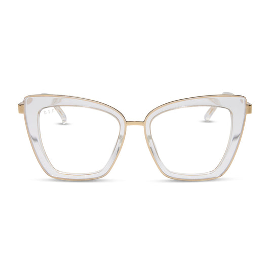 diff eyewear featuring the becky iv cat eye prescription glasses with a clear crystal with gold frame front view
