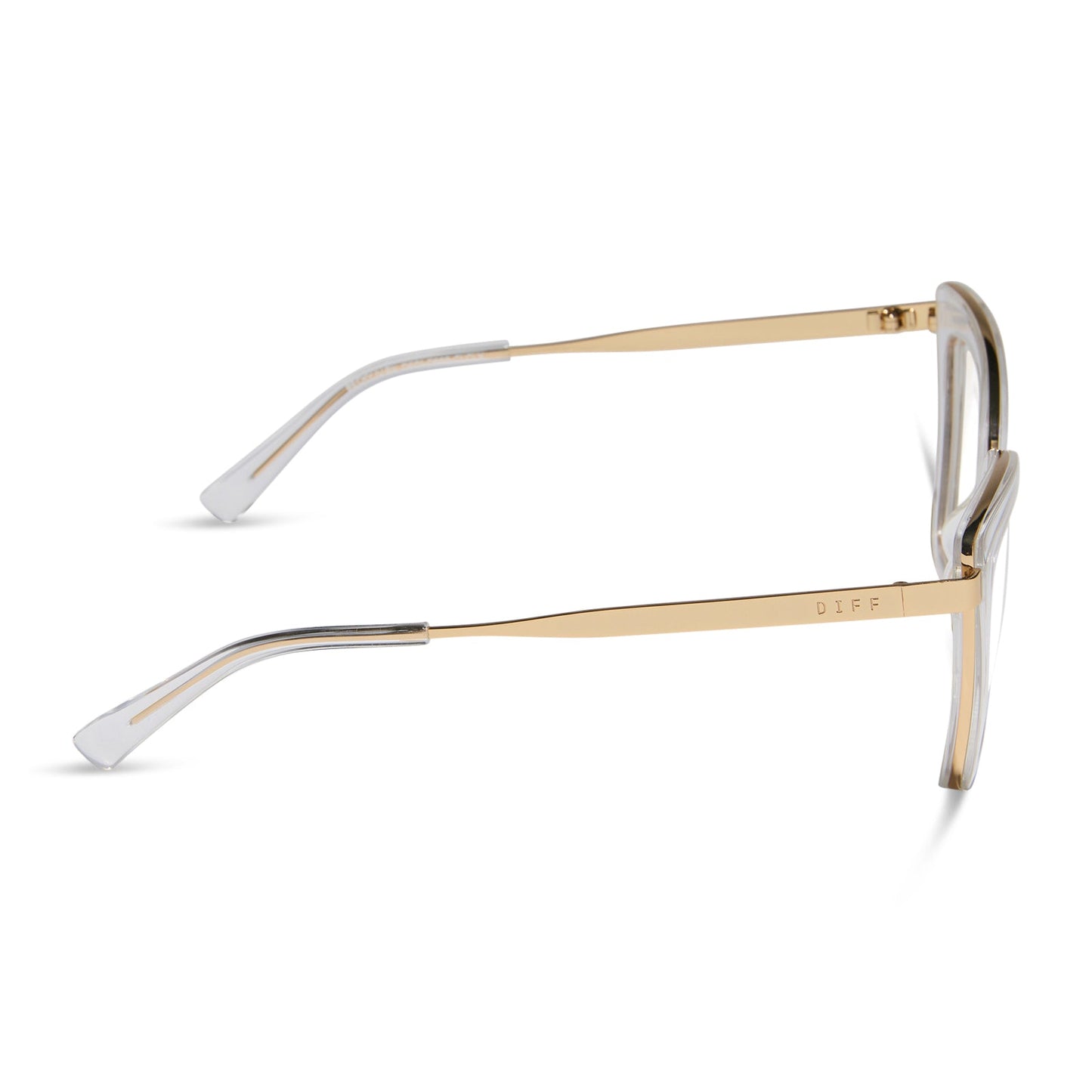 diff eyewear featuring the becky iv cat eye prescription glasses with a clear crystal with gold frame side view