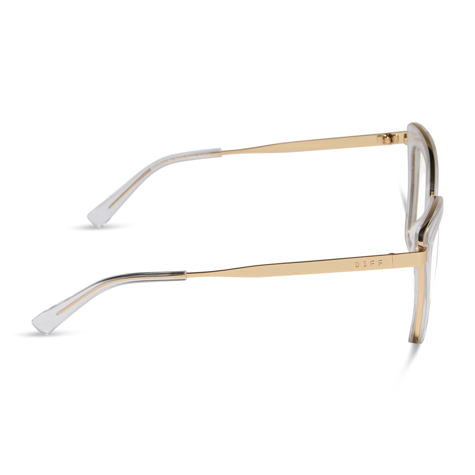 diff eyewear featuring the becky iv cat eye prescription glasses with a clear crystal with gold frame side view
