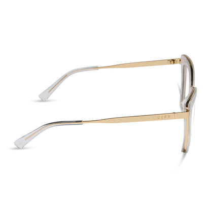 diff eyewear featuring the becky iv cat eye prescription glasses with a clear crystal with gold frame side view