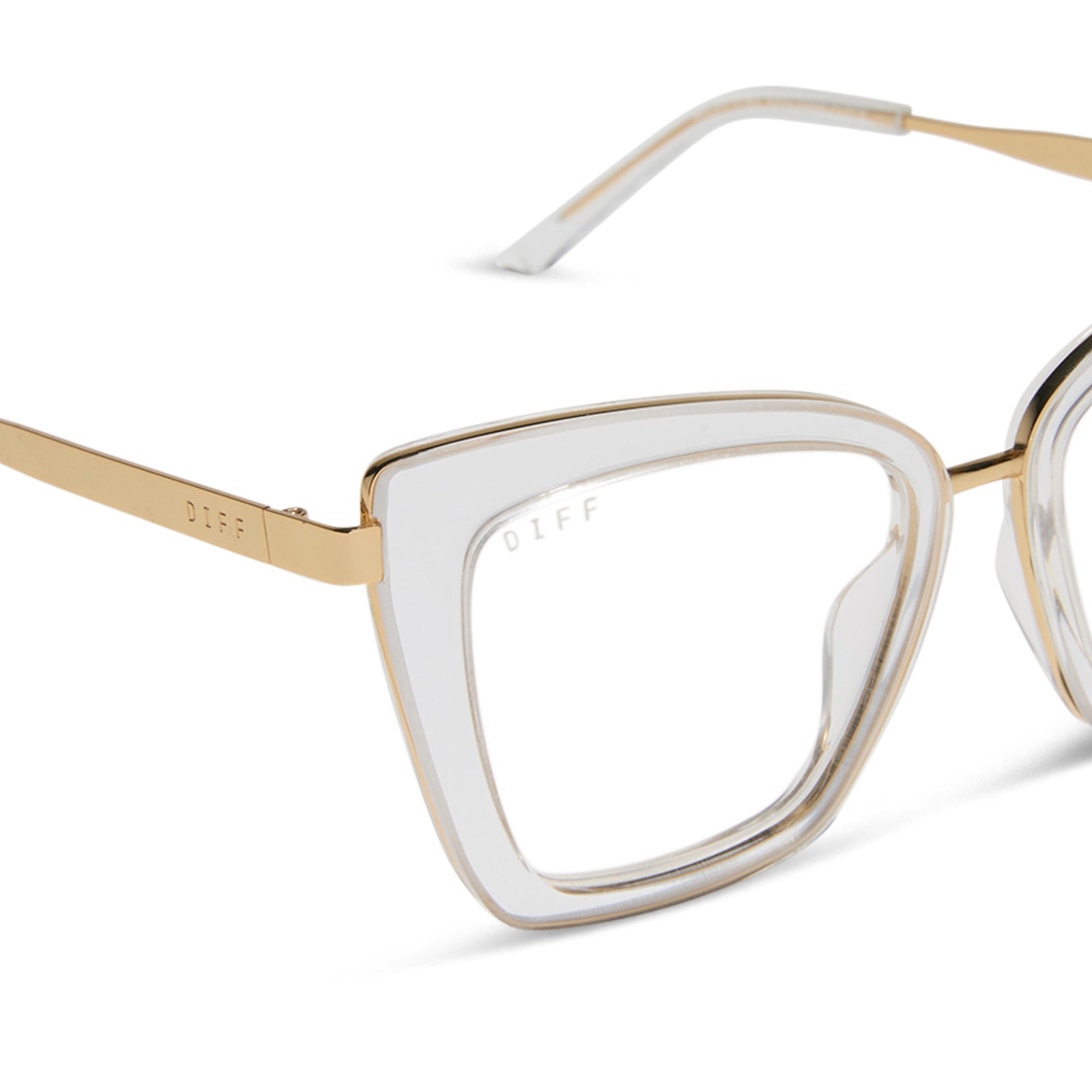 diff eyewear featuring the becky iv cat eye prescription glasses with a clear crystal with gold frame detailed view