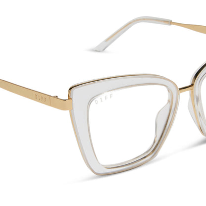 diff eyewear featuring the becky iv cat eye prescription glasses with a clear crystal with gold frame detailed view