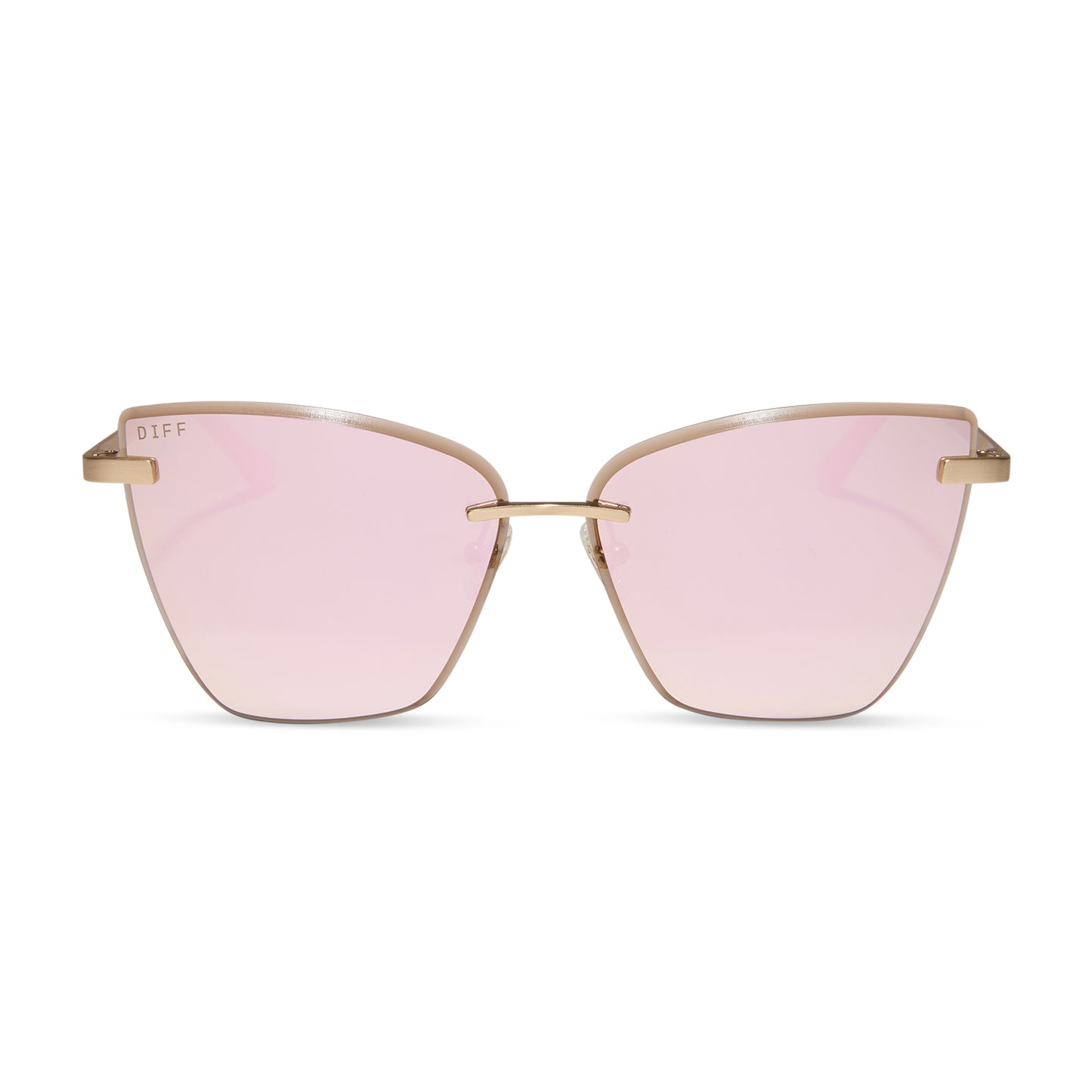 diff eyewear wholesale becky v cat eye sunglasses with a brushed gold frame and cherry blossom pink mirror lenses front view