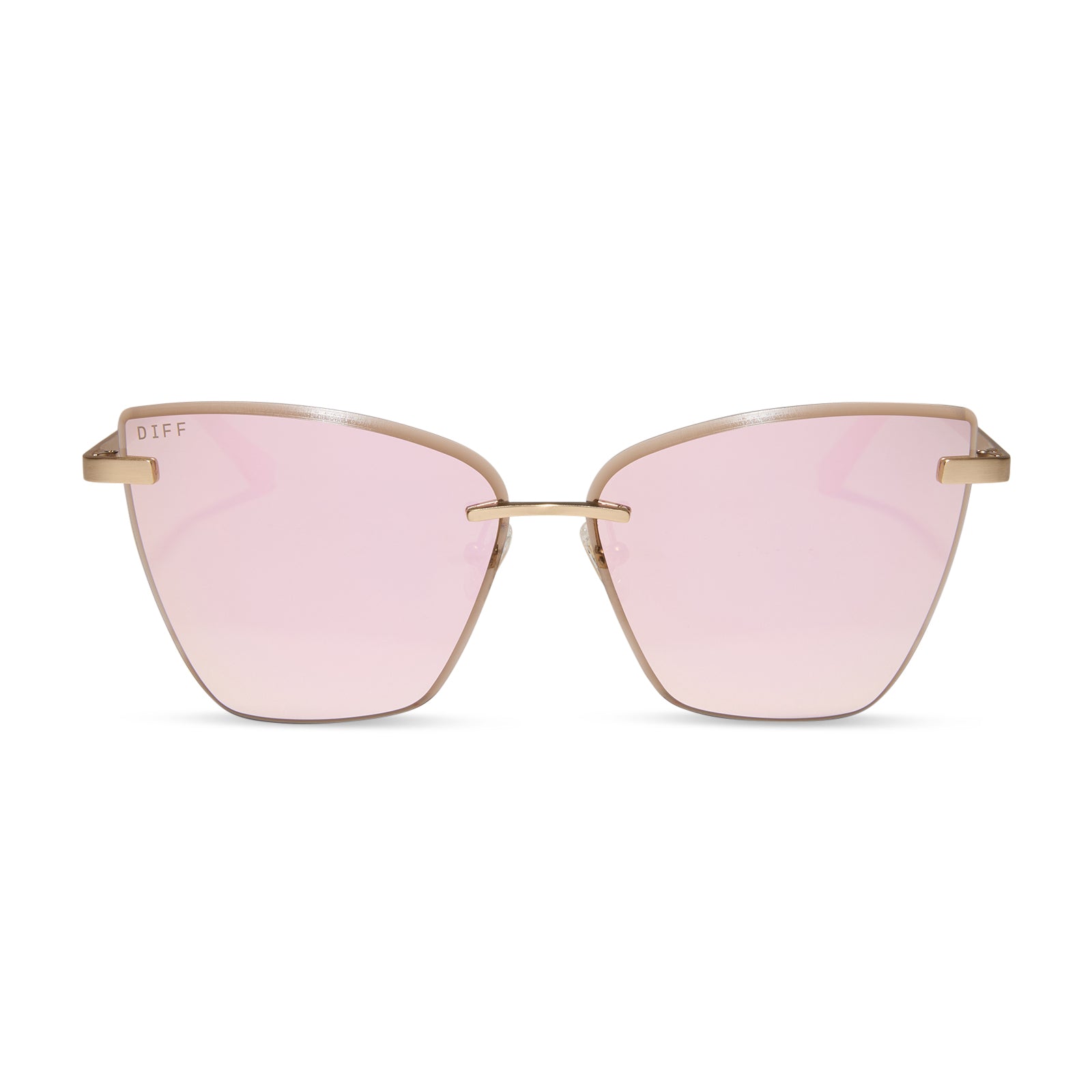 diff eyewear wholesale becky v cat eye sunglasses with a brushed gold frame and cherry blossom pink mirror lenses front view