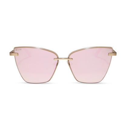 diff eyewear wholesale becky v cat eye sunglasses with a brushed gold frame and cherry blossom pink mirror lenses front view
