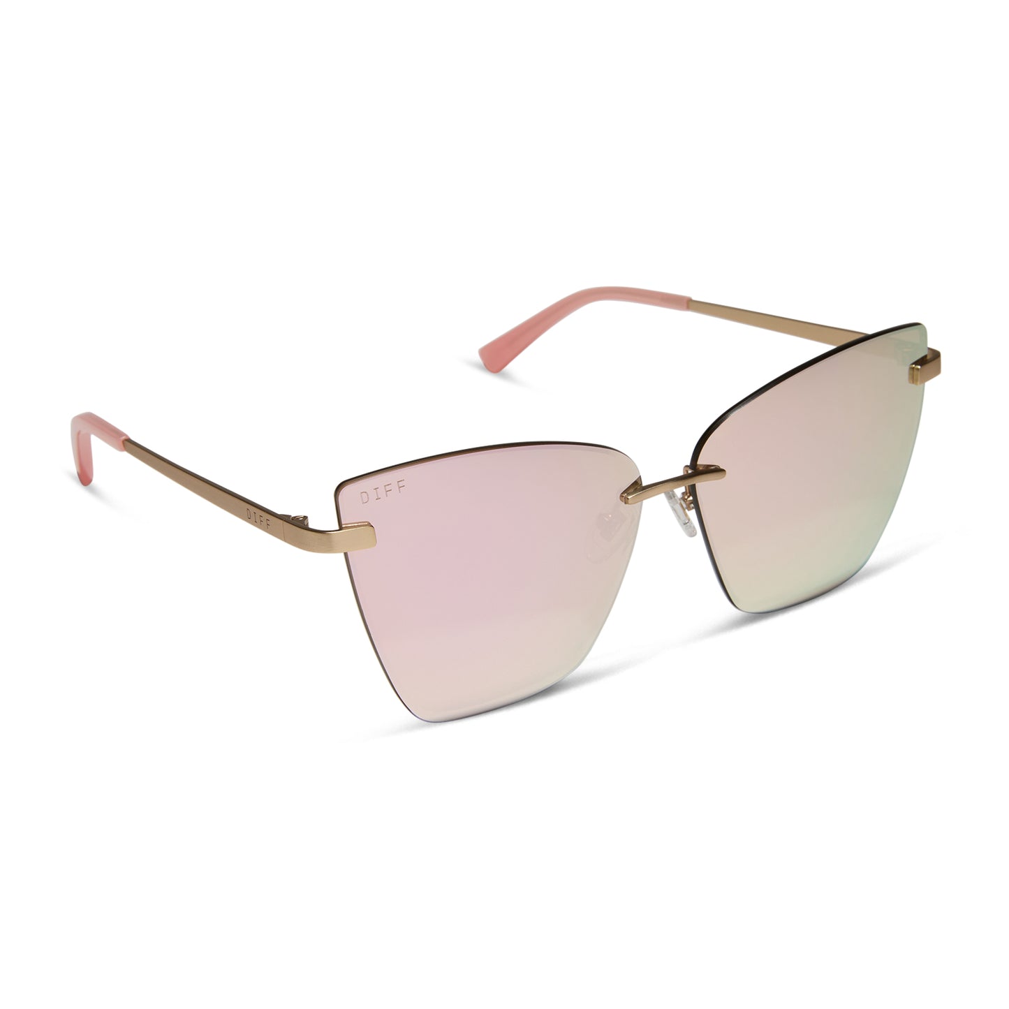 diff eyewear wholesale becky v cat eye sunglasses with a brushed gold frame and cherry blossom pink mirror lenses angled view