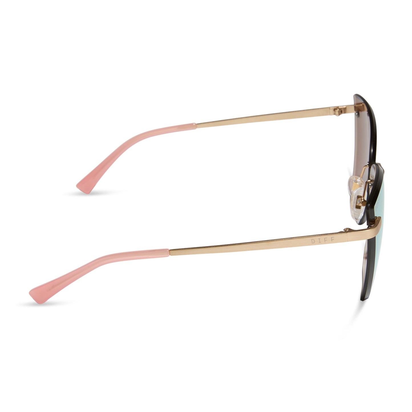 diff eyewear wholesale becky v cat eye sunglasses with a brushed gold frame and cherry blossom pink mirror lenses side view