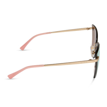 diff eyewear wholesale becky v cat eye sunglasses with a brushed gold frame and cherry blossom pink mirror lenses side view