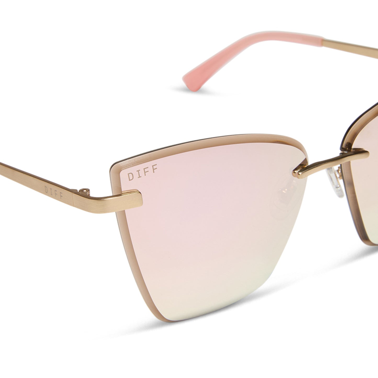 diff eyewear wholesale becky v cat eye sunglasses with a brushed gold frame and cherry blossom pink mirror lenses detailed view