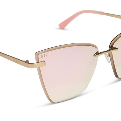 diff eyewear wholesale becky v cat eye sunglasses with a brushed gold frame and cherry blossom pink mirror lenses detailed view