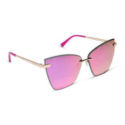 diff eyewear featuring the becky v cat eye sunglasses with a gold frame and pink rush mirror lenses angled view
