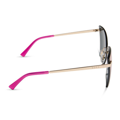 diff eyewear featuring the becky v cat eye sunglasses with a gold frame and pink rush mirror lenses side view