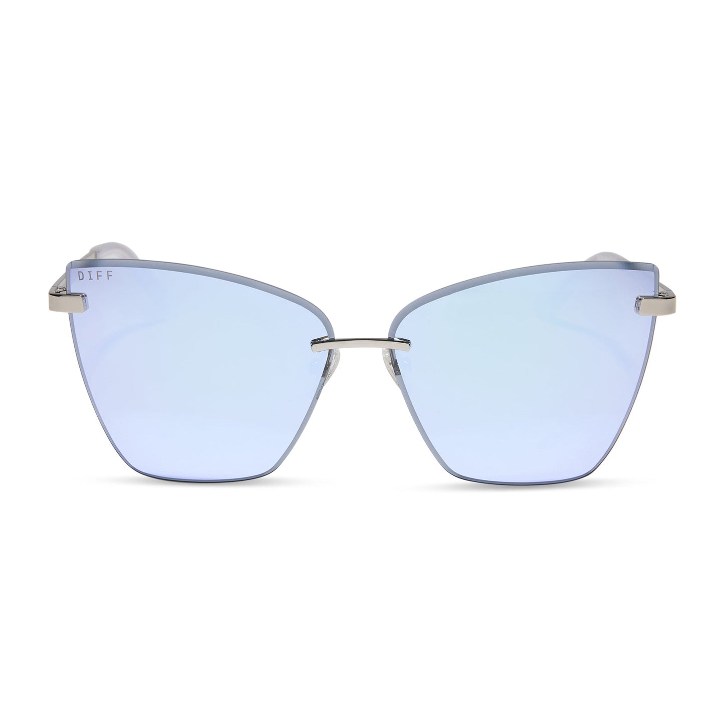 diff eyewear featuring the becky v cat eye sunglasses with a silver frame and lavender mirror lenses front view