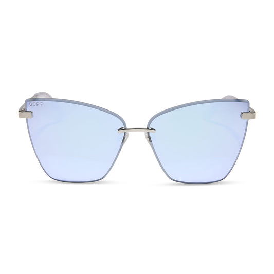 diff eyewear featuring the becky v cat eye sunglasses with a silver frame and lavender mirror lenses front view