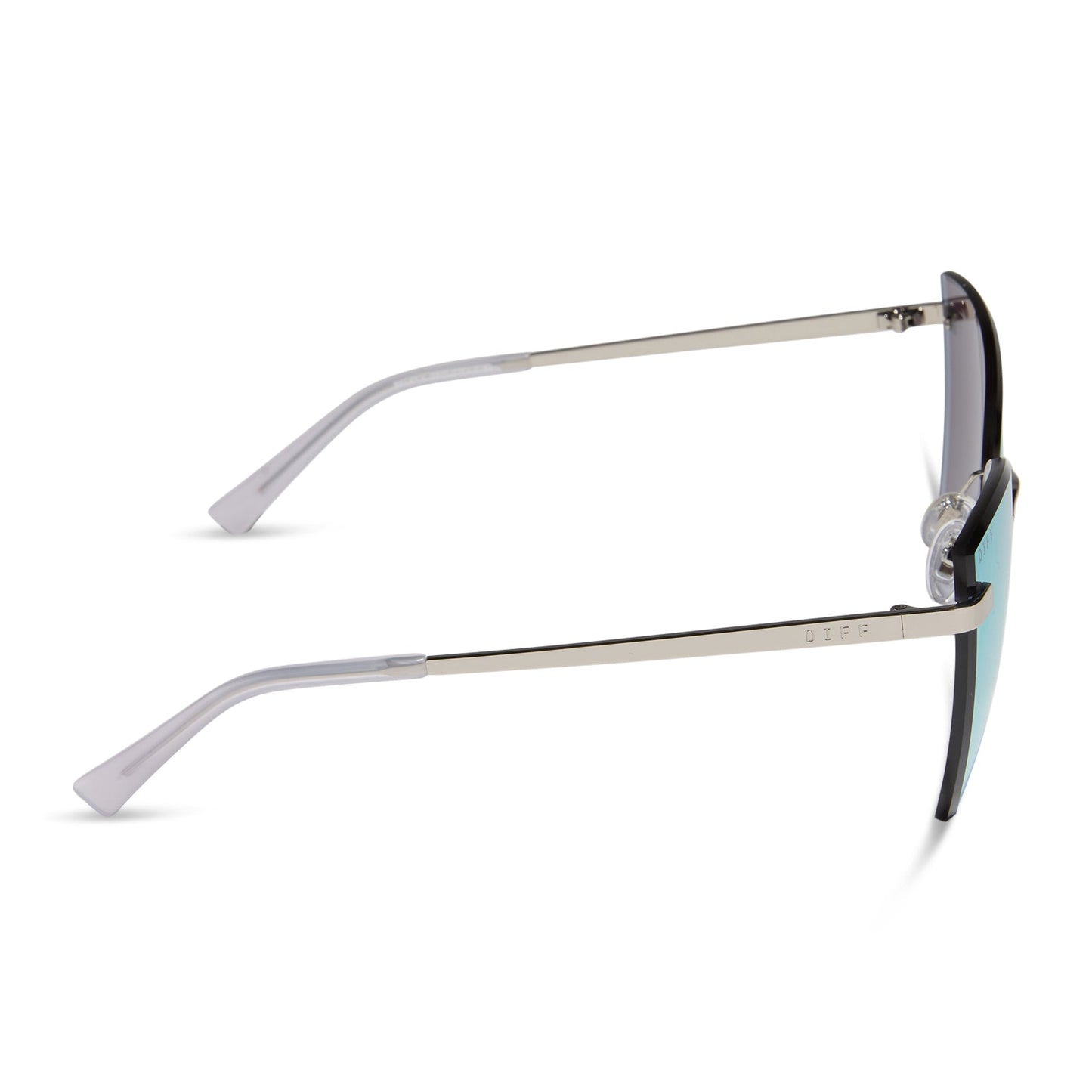 diff eyewear featuring the becky v cat eye sunglasses with a silver frame and lavender mirror lenses side view