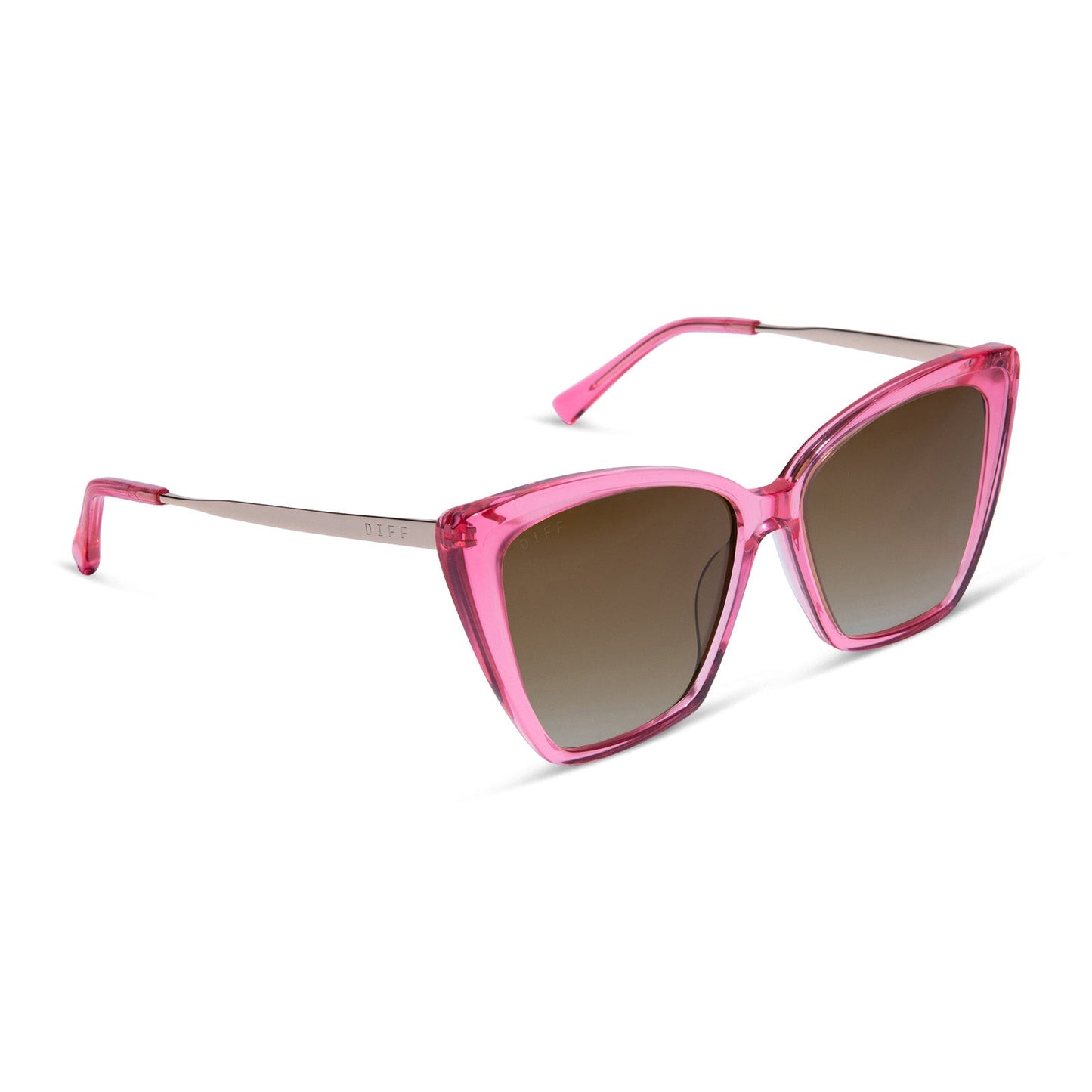 diff eyewear featuring the becky ii cateye sunglasses with a candy pink crystal frame and brown gradient lenses angled view