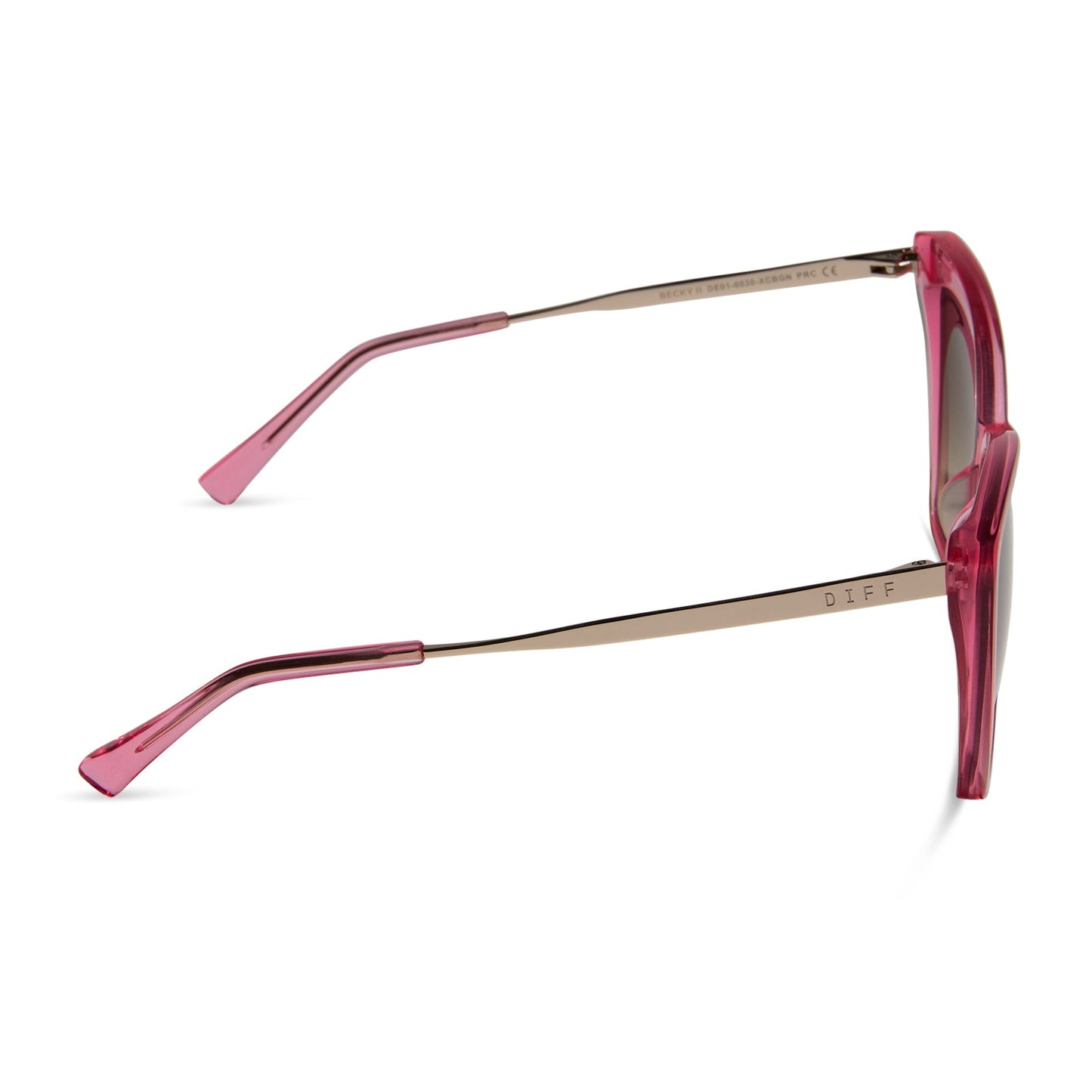 diff eyewear featuring the becky ii cateye sunglasses with a candy pink crystal frame and brown gradient lenses side view