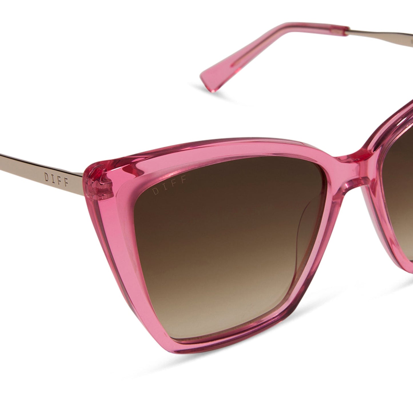 diff eyewear featuring the becky ii cateye sunglasses with a candy pink crystal frame and brown gradient lenses detailed view