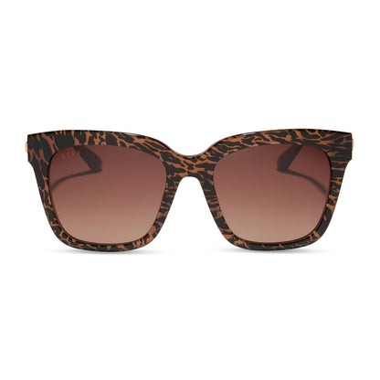 diff eyewear featuring the bella square sunglasses with a animal print frame and brown gradient lenses front view
