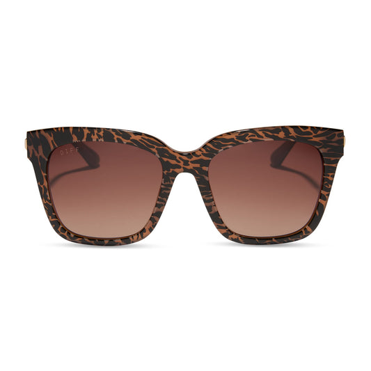 diff eyewear featuring the bella square sunglasses with a animal print frame and brown gradient lenses front view